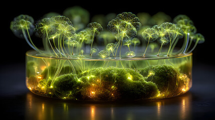 Bioluminescent Ecosystem in Glass Bowl