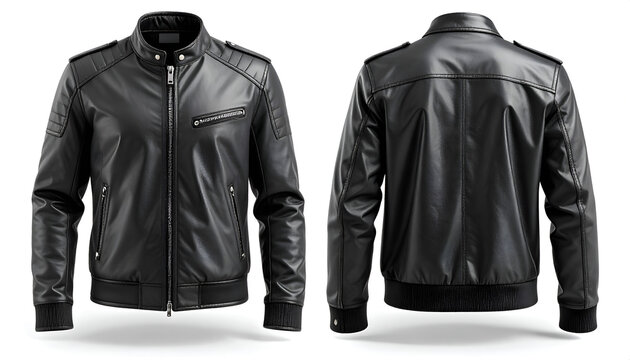 manly black leather jacket mockup from front and back angles with view of a classic biker design.  mock up design on white background
