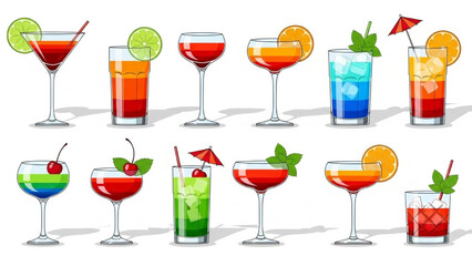 Cocktails with Garnishes on White Background