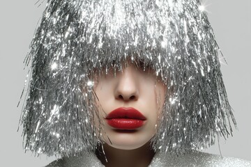 Festive Portrait of Woman with Red Lips and Silver Tinsel Hair on White Background