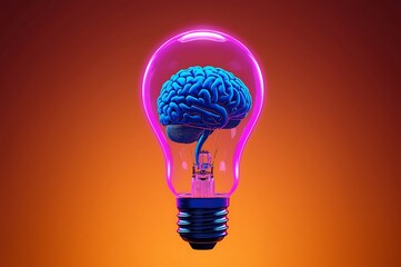 Abstract concept of a glowing light bulb containing a vibrant blue human brain symbolizing innovation and bright ideas