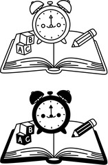Alarm clock open book learning icon. School education symbol line art fill styles