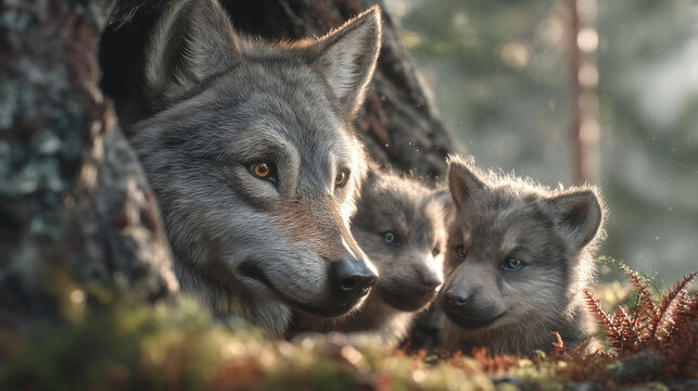 Tender wolf family with a mother and two pups resting in their den