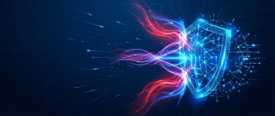 Abstract digital shield defends against incoming red and blue energy streams on a dark circuit board background