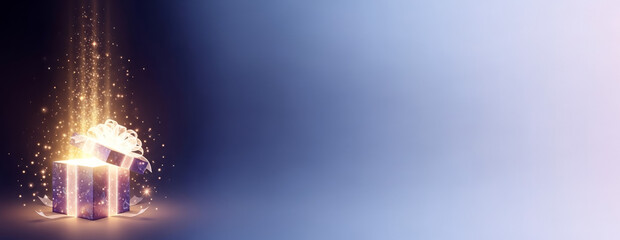 Elegant Glowing Gift Box on Soft Gradient Background with Golden Sparkles and Copy Space, Celebration Surprise Concept for Marketing and Design