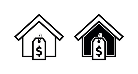 Real Estate Price Tag Icons, Dollar Sign on Filled and Outline House Symbols Representing Property Value, Home Cost, Market Rate, and Residential Pricing Concepts
