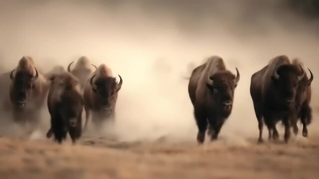 Herd of bison running through a dusty landscape creating a dramatic scene