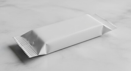 Blank white wrapper for a candy bar or snack on a marble surface, product packaging mockup
