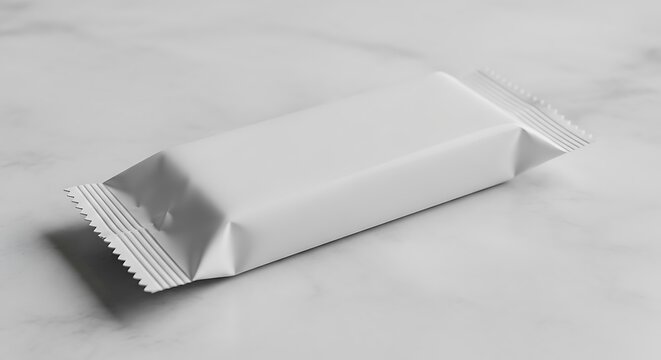 Blank white wrapper for a candy bar or snack on a marble surface, product packaging mockup