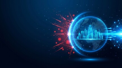 Obraz premium Digital globe with futuristic city skyline defends against incoming red virus icons in dark blue background