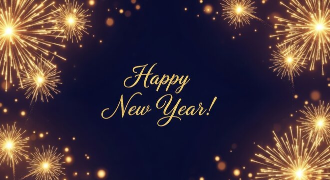 Happy new year greeting card with golden fireworks border on dark blue background for celebration and holiday design