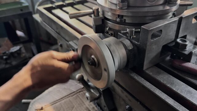 Close-up image of a worker's hands making precision adjustments to a metal processing industrial machine.