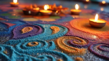 Brightly colored sand arranged in a swirl pattern covers the floor. Small candles flicker nearby creating a festive atmosphere during a celebration.