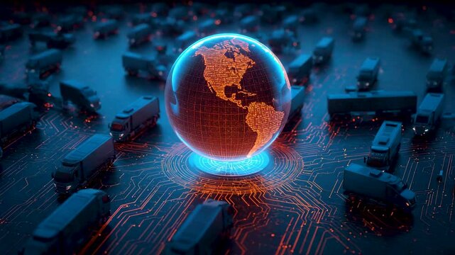 Glowing digital globe surrounded by data network nodes representing global logistics and technology
