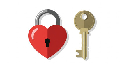 Red Heart Lock with Golden Key on White Background