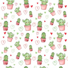 Cute Cactus Seamless Pattern with Hearts, Kawaii Succulent Illustration for Valentine Background