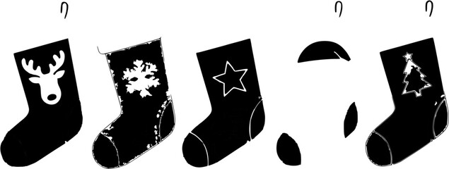 Black Christmas Stockings with Reindeer, Snowflake, Star and and Tree Designs Hanging