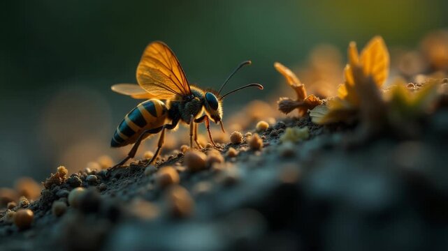 Video A close-up view of a single bee perched on a rocky surface, showcasing its busy nature and importance in pollination