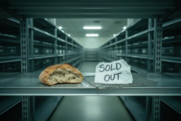 A grocery shelf is almost empty, featuring just one loaf of bread on a wire rack. A crumpled paper with sold out written on it indicates limited stock