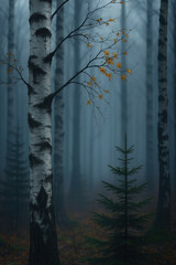 Misty Forest Scene with Birch Tree and Autumn Leaves
