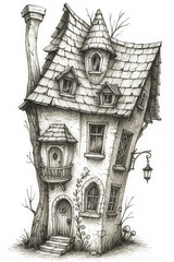 Whimsical Crooked Fantasy House Pencil Sketch