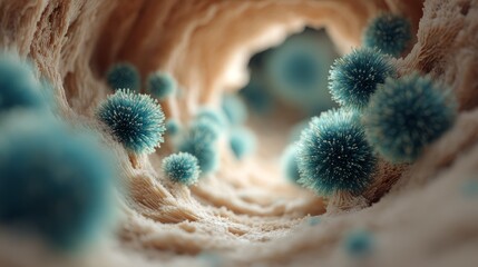 Microscopic virus particles inside organic tissue tunnel