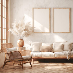Neutral living room with double blank frames and natural wooden furniture