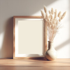 Minimal wall frame mockup with pampas grass and soft natural light