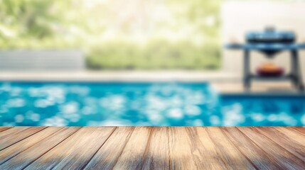 Fototapeta premium Wooden table near backyard pool and barbecue