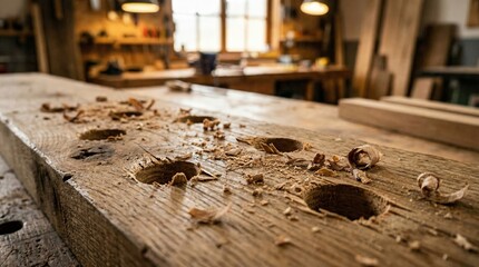 Woodworking workbench covered with wood shavings and tools in active workshop