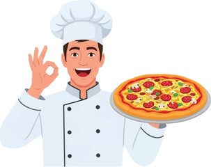 A smiling chef presents a delicious pepperoni pizza giving a positive okay gesture