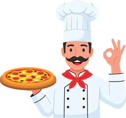 A smiling chef with a mustache holding a pizza and giving an okay gesture