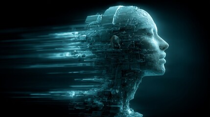 Digital human face dissolving into data streams