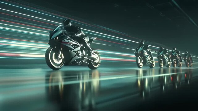 Dynamic cinematic scene of futuristic motorcycles racing through an illuminated, abstract tunnel, conveying high speed, motion, and advanced transport.