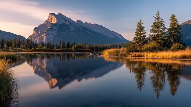 Mountain reflects in still lake at sunrise scenic landscape