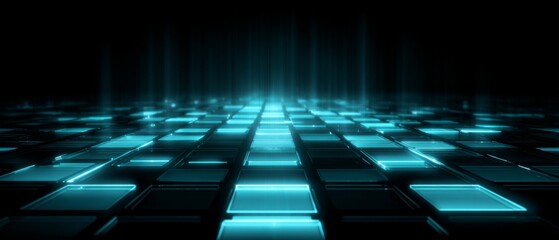 Futuristic Glowing Grid of Digital Blue Panels in Dark Space