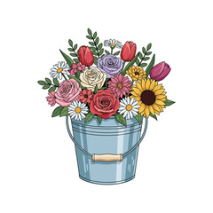 vector bouquet of flowers in a bucket on white background
