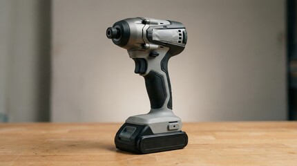 Cordless power drill standing on wooden workbench in clean workshop setting with professional craftsmanship mood