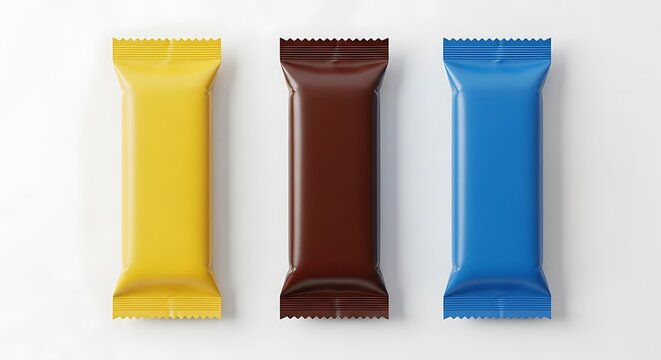 Three colorful candy bars, yellow, brown, and blue, isolated on white background