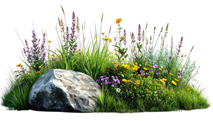 Garden scene rock amid colorful blooms and green grass