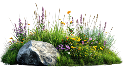 Garden scene rock amid colorful blooms and green grass