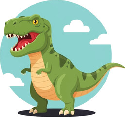Friendly green tyrannosaurus rex cartoon illustration with a playful expression and blue background