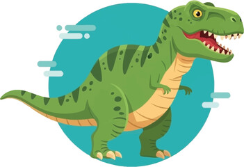 Cartoon tyrannosaurus rex with a vibrant teal background and playful dynamic design elements