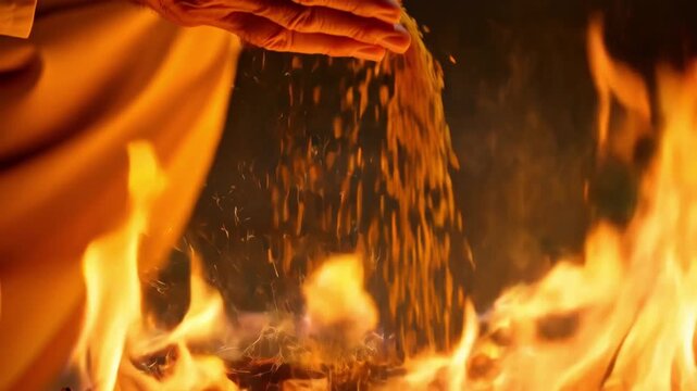 Close-up of cracked hands of an elderly man of South Asian descent throwing a handful of sesame seeds into the flames of a lohri fire against the background of a night sky with flying sparks. Concept 
