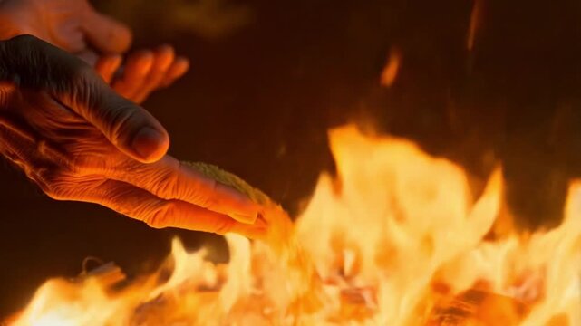 Close-up of cracked hands of an elderly man of South Asian descent throwing a handful of sesame seeds into the flames of a lohri fire against the background of a night sky with flying sparks. Concept 