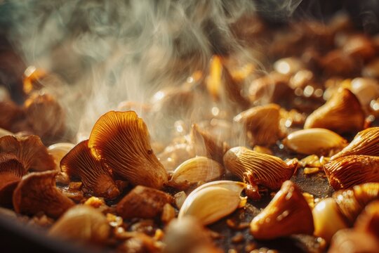 Professional food photography of chanterelle mushrooms cooking in a pan
