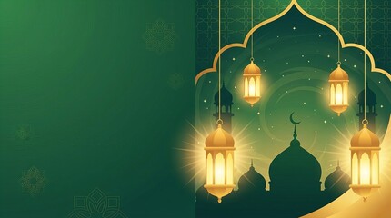 Elegant Islamic green background for Ramadan Kareem, featuring mosque silhouettes, glowing hanging lanterns, twinkling stars, peaceful spiritual atmosphere, festive design