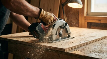Carpenter cutting wooden board with circular saw in workshop showing active woodworking process