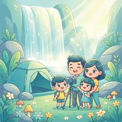 Fototapeta premium Cute Cartoon Family Camping Near Waterfall with Tent Nature Adventure Parents and Kids Outdoor Illustration Vector