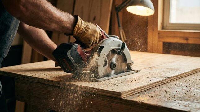 Carpenter cutting wooden board with circular saw in workshop showing active woodworking process - Powered by Adobe
